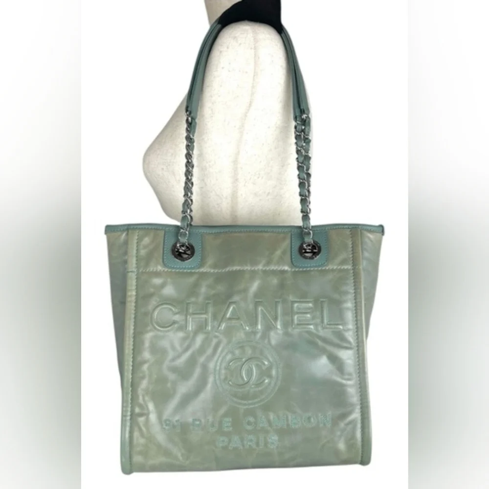 Chanel Logo Deauville Leather Tote Bag In Sage